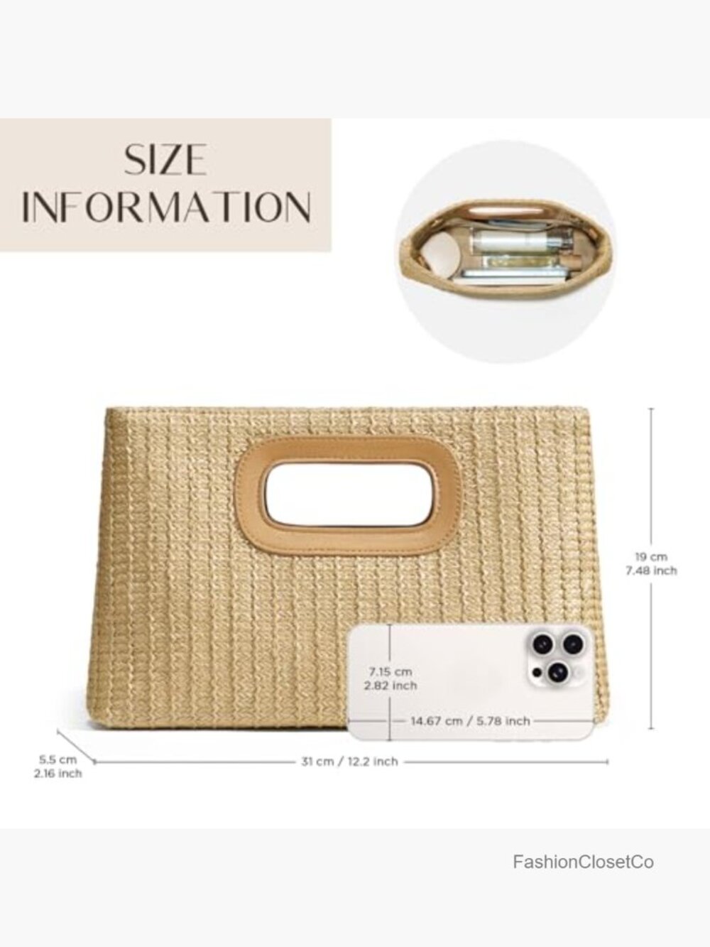 Straw Clutch Purse with Top Handle, Woven Boho Beach Bag - Picture 4 of 7